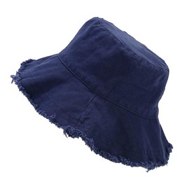 Quanhaigou Frayed Unisex Sun Hats, Fashion Beach Bucket Hat for Men Women,Summer Outdoor Boy's Girls Boonie Cap (Navy Blue)