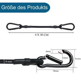 JunGG Bungee Cords with Carabiner – 4 Pack 12 Inch Heavy Duty Long Elastic Straps, Extra Strong Black Bungee Ropes with Hook for Bike Racks, Roof Racks, Luggage, Camping
