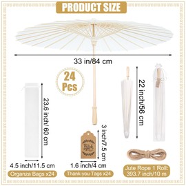 Aodaer 24 Packs Wedding Paper Umbrellas White Hand Fans with Thank You Tags Organza Bags 33 Inch Decorative Oiled Umbrellas Chinese Japanese DIY Parasol Painting Crafts for Wedding Bridal Party Decor