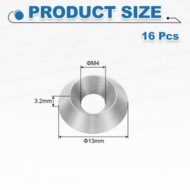 MECCANIXITY 16 Pcs M4 Cone Cup Countersunk Washer, 3.2x13mm 304 Stainless Steel Counterbore Head Washers Gaskets Shim for Mechanical Accessories Parts, Silver