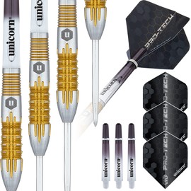 Unicorn Steel Tip Darts Set | Pro-Tech Style 1 | 90% Natural Tungsten Barrels with Golden Accents & Volute Points | 22 g