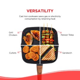Vinod Zest Plus Non Stick Die Cast Aluminium Square Grill Pan 24 cm Black, Induction Friendly Grilling Pan with Wooden Finish Handle