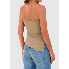 PRETTYGARDEN Womens Tube Top 2025 Summer Trendy Strapless Tops Going Out Outfits Ruched Asymmetrical Bandeau Shirts (Khaki,Medium)