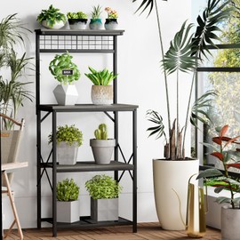 Furologee Furologee Kitchen Bakers Rack, Microwave Stand with Storage 4 Tiers, Coffee Bar Station with 6 S Hooks and Pegboard, Kitchen Shelves Rack for Spices, Pots, Black Oak