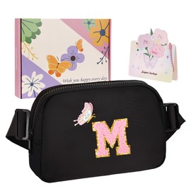 ONETOALL Birthday Gifts for 4 5 6 7 8 9 10 11 12 13 Year Old Girls, Small Waist Fanny Pack, Crossbody Belt Bag with Initial Letter Patch, Nylon, Adjustable Strap, for Teen Girls