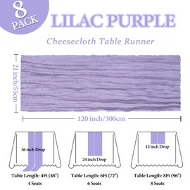 8 Pack Lilac Purple Cheesecloth Table Runner 10Ft Gauze Cheese Cloth Table Runner 120 Inch Boho Sheer Rustic Fabric for Summer Decor Bridal Baby Shower Wedding Centerpiece Home Table Decoration
