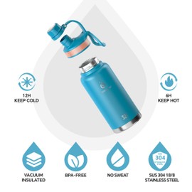 IDEUS Insulated Stainless Steel Water Bottle with 2 Leak-Proof Lids, Thermal Water Flask for Hiking Biking, 32oz, Blue Atoll