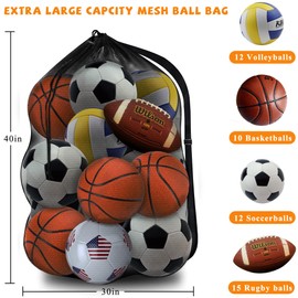 Labreccos Heavy Duty Mesh Ball Bag, Sports Equipment Storage Organizer Hold for Soccer, Basketball, Volleyball,Football, Volleyball,BaseBall and Swimming Gears with Adjustable Strap (Black-A)