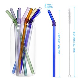 10 Pcs Reusable Bent Colored Glass Straws,8''x8 mm Shatter Resistant Cute Drinking Straws with 2 Cleaner Brush for 16 oz 18 oz Glass Cups and Home Drink Cups