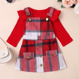 Willow Dance Infant Baby Girl 3Pcs Outfits Long Sleeve Tops Plaid Suspender Skirt Set Fall Winter Clothes red 6-9 M