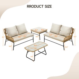 ONBRILL 4-Piece Outdoor Sectional Set, 4-Seats Wicker Patio Couch Sets with Cushion and Tempered Glass Coffee Table, L-Shaped, Olefin Fabric, Waterproof & UV Resistant, Beige