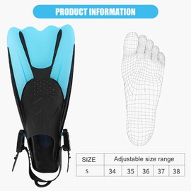 YANGUN Snorkel Fins, Adjustable Swimming Fins Size 34-38, Unisex Diving Fins for Children and Adults, Short Fins Children Adults Adjustable Fins for Swimming and Snorkelling (Blue)