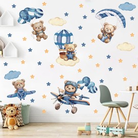ANHUIB Animal Wall Sticker Children's Room Blue Wall Sticker Aeroplane Wall Sticker Children's Room Boys Children Wall Sticker Animals Nursery Baby Room Bedroom Wall Decoration Wall Sticker Clouds