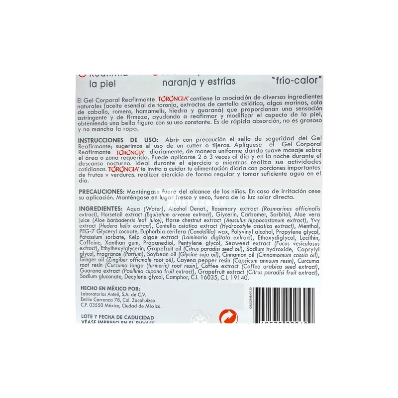 Torongia Gel Corporal Reafirmante que Hidrata la Piel, 475 ml