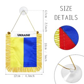 2 Pack Ukraine Window Hanging Flag, 4x6 Inch Small Mini Car Flags Banner with Golden Fringy Tassel and Suction Cup, Ukraine Hanging Flag for Wall, Room and Rearview Mirror Decor