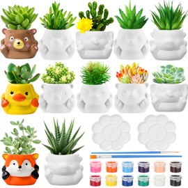 Chuangdi 12 Sets 6 Style DIY Ceramic Succulent Planters Pots Paint Your Own Craft Kit Unpainted Ceramic Animal FlowerPots with Drainage Hole, Paints Paintbrushes Palettes(Lovely Style)
