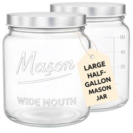 Kitchentoolz 64 oz Mason Jars Wide Mouth 2-Pack – Half Gallon Glass Jar with Lid – Large Mason Jars with Lids for Food Storage, Canning, and Fermenting