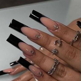 Foccna Long Press on Nails Black Coffin French Fake Nails Full Cover Nude Acrylic False Rhinestone Nails for Women and Girls 24PCS