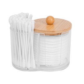 Adorila Cotton Pad and Swab Holder, Small Plastic Cotton Swabs Dispenser with Lid, Bathroom Accessories Storage Organizer for Cotton Swabs, Cotton Pads, Floss Picks (Clear)