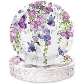 Purple Floral Paper Plates 9 Inch Watercolor Flower Butterfly Disposable Plates Spring Flower Dinner Plates for Wedding Birthday Party Table Decor, 50Pcs
