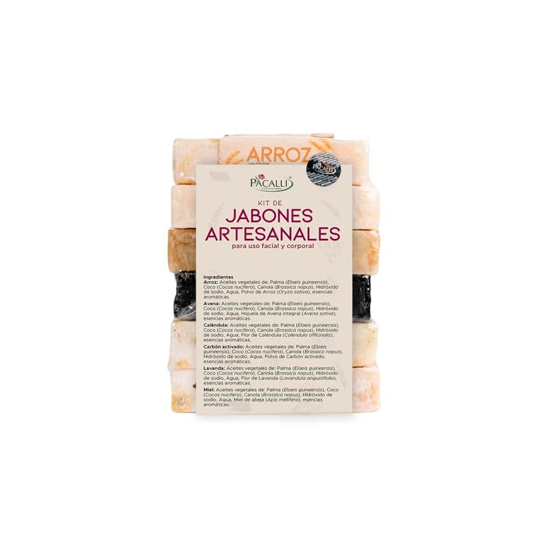 PACALLI Jabones Artesanales 6 Pack; Arroz, Avena, Caléndula, Carbón Activado,