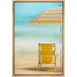 MUDECOR Framed Canvas Print Wall Art Yellow Beach Chair & Umbrella on The Sand Coastal Wilderness Illustrations Modern Art Tropical Scenic Colorful for Living Room, Bedroom, Office - 16"x24" Natural