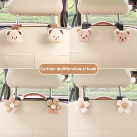 TDOFYH New Universal Car Seat Headrest Hook,Cute Flower Bear Auto Seat Hook Hangers Storage Organizer Interior Accessories for Woman Umbrellas Grocery Bags Handbag 2 Pack（Brown flowers）