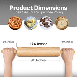 HelferX All-Purpose 17.6 Inch Beech Wood Non-Stick Rolling Pin - For Baking, Pizza, Pasta, Pie, Cookies, Pastry.