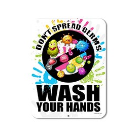 Don't Spread Germs Wash Your Hands Kids Bathroom 9 inch by 12 inch Metal Aluminum Novelty Sign Decor - Made in The USA