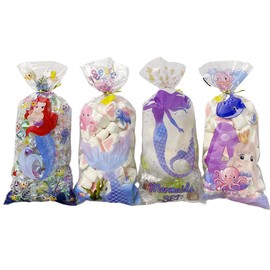 50 bolsas de celofán, bolsas de regalo de sirena, bolsas transparentes para violonchelo, bolsas de galletas con lazos para cumpleaños, baby shower, fiesta temática (5 x 11 pulgadas) (sirena)