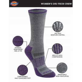 Dickies Women's Dri-Tech Essential Moisture Wicking Crew Sock (6/12 Pairs) (S-XL), Dark Fashion Assort (6 Pairs), Medium