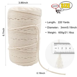 Macrame Cord, BYWORLD 3mm Cotton Rope 220 Yards(200m) Twine String, 100% Natural Cotton Colored Macrame Rope for Macrame Kit, Plant Hangers, Wall Hanging, Christmas or Wedding Decorative(Beige Yellow)