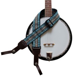 MUSIC FIRST Original Design, 2 inch width (5cm), Colorful Meshbelt & Genuine Leather Delux Banjo Strap, With 2 pieces of MUSIC FIRST Leather Strap Locker. (Blue Country Style)
