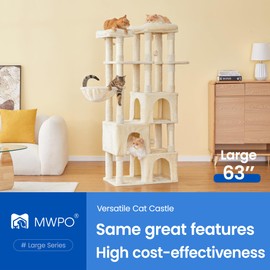 MWPO Large Cat Tree for Indoor Cats, 63-inch Cat Tower with 3 Cat Condos, Scratching Posts, Padded Perches, Hammock, Dangling Toys, Beige