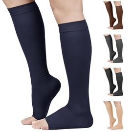 TOFLY® Medias de compresión (par), compresión graduada de 20-30 mmHg, opacas, unisex, calcetines de compresión alta de punta abierta para venas varicosas, edema, espinillas, enfermería, viajes, azul