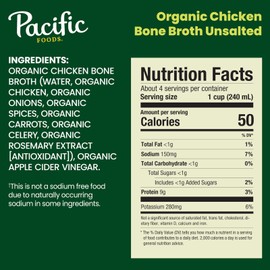 Pacific Foods Organic Unsalted Chicken Bone Broth 32 oz Pack of 1 Non GMO Keto