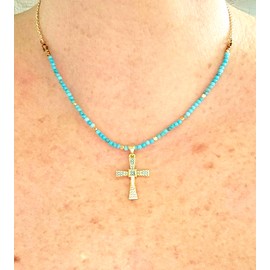 Boho Handmade Boho Blue Turquoise Cross Necklace Choose Gold Plate Adjustable Chain