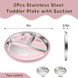 Stainless Steel Kids Plates with Suction, 9” Divided Baby Plates with Removable Silicone Sleeves, Non-Slip Toddler Plates Unbreakable Metal Toddler Bowls Dinnerware Set of 2 (Pink, Beige)