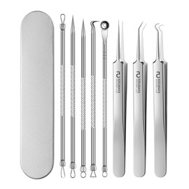 Fecong Tweezers, Fecong Stainless Steel Blackhead Removal Kit, Acssart Tweezers, Blackhead Extractor, Pore Cleaner Tool, Gentle and Easy to Clean (8PCS Silver)