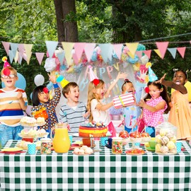 2 Pcs Green Gingham Tablecloth Disposable Plastic Checkered Table Cloths for Parties Disposable, Waterproof Rectangular Green & White Table Cover for Camping, Birthday, Party, Picnic 54 × 108 Inch