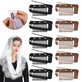 10PCS Chunni Dupatta Clips with Safety Pin, 10-Teeth Strong Chunni Grip Hair Extension Clips Chunni Clips Dupatta for Women Indian Style Wig Headscarf Hijab Tikka Setting (Black+Brown)
