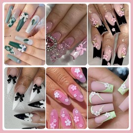 Nail Charms, 3D Bow Nail Charms, Flower for Nails Mixed Rhinestones Manicure Kit, Pink White Nail Flowers and Bow Nail Gems and Charms with Gold Silver Pearls DIY Nail Art Decorations