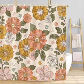 BSRAMZ Retro Floral Shower Curtain, Vintage Flower Boho Hippie Plant Funky 70s Bathroom Decor Curtain, Watercolor Groovy Yellow Botanical Aesthetic Polyester Fabric Bath Curtain 12 Pack Hooks 70X70in