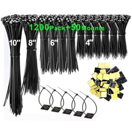 1200-Pack Heavy-Duty Zip Ties + 50 Mounts – Assorted Sizes 4/6/8/10 Inch, UV-Resistant Self-Locking Nylon Cable Ties for Indoor & Outdoor Use (40 lbs Tensile Strength)