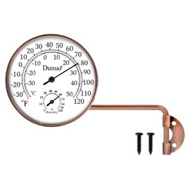 Dunuo Outdoor Thermometer - Weatherproof & Decorative Outside Temperature Gauge for Window, Greenhouse Accessories and Patio (Easy-Read Brass Swivel Design) (4inch with Longer arm)