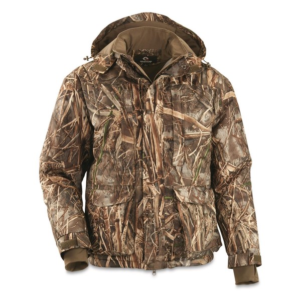 Guide Gear Men’s Waterfowl Hunting Camo Jacket Waterproof and Insulated Mossy Oak, RT Max 7, LARGE