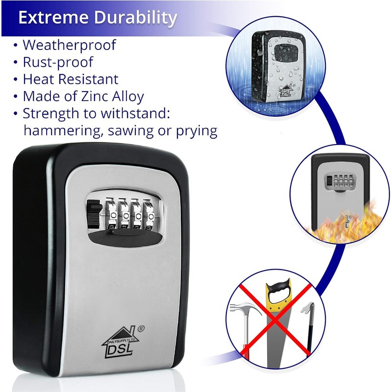 DSL Key Safe Wall Mounted, Waterproof Outdoor 4 digit Combination