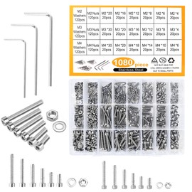 Cylinder Screws with Hexagon Socket, 1080 Pieces Screws Nuts and Washers Assortment Kit, M2 M3 M4 Stainless Steel Hex Socket Screw with Wrenches