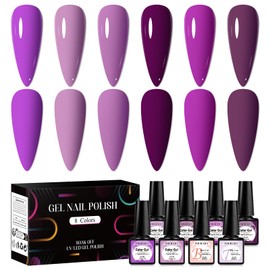 Four Lily 8PCS Purple Gel Nail Polish Set 6 Colors Deep Purple Color Nail Polish Gel High Gloss Soak Off UV Gel Nail French Nail Manicure Salon DIY