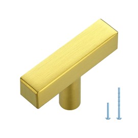 Ravinte 1 Piece Gold T Bar Cabinet Knobs 2 Inch Square Cabinet Pulls Brushed Brass Single Hole Kitchen Cabinet Handles